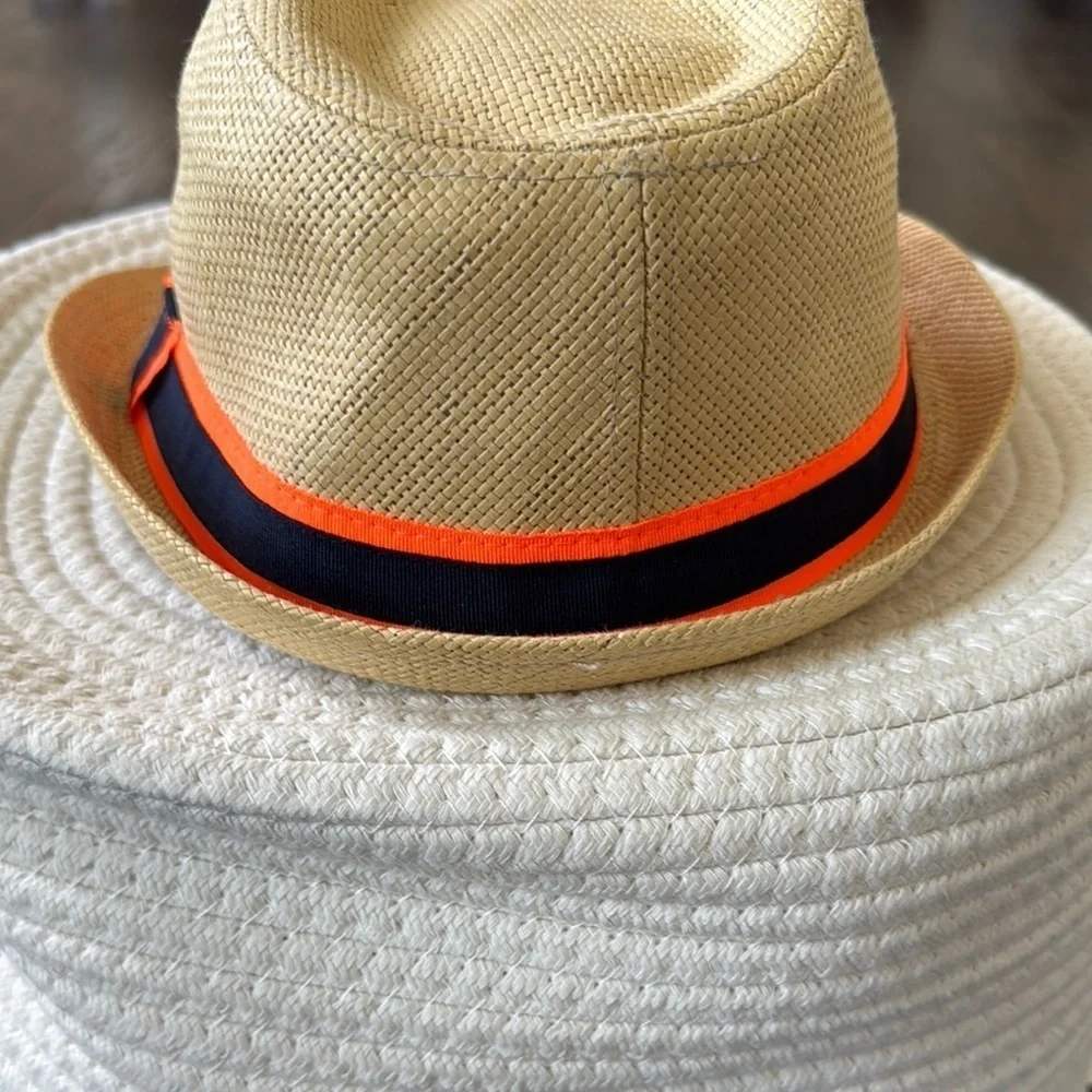 Tan Fedora Hat with Orange and Navy Band